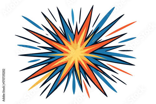 Explosion comic pop art vector illustration. Bang and pow blast. Abstract burst of lines radiating from center creating dynamic energy. Starburst cartoon icon or symbol.