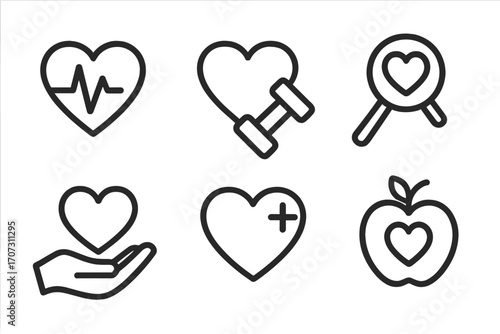 Heart and wellness icon set. Vector line icons for health, cardiology, and fitness. Minimalist symbols for healthy lifestyle, diet, exercise, and medical check-up.