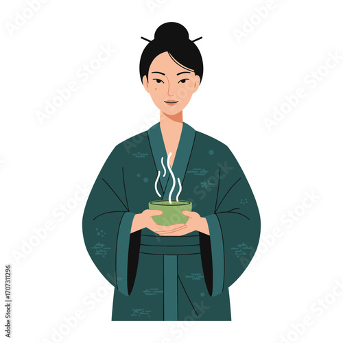 Asian young female in kimono holding hot teacup with calm expression – flat illustration