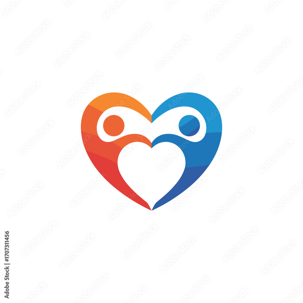 Fototapeta premium Colorful heart-shaped logo with two human figures in orange and blue – flat illustration