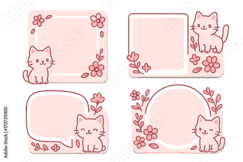 Cute pink graphic templates with cats and flowers. Kawaii vector cartoon frames, borders, speech bubble for notes, stickers, labels, scrapbooking and social media.