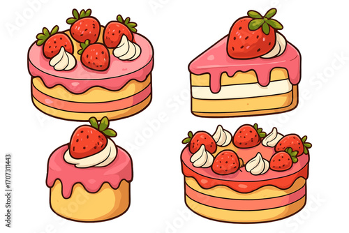 Set of cartoon strawberry cakes vector illustration. Sweet dessert pastry and pie slice. Fresh berry fruit on delicious baked food for birthday party, cafe menu, bakery icon.