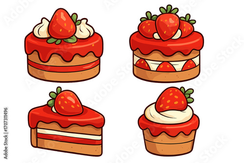 Strawberry cake and cupcake vector cartoon illustration set. Delicious pastry, dessert, and sweet food icons. Isolated confectionery collection for bakery or patisserie menu.