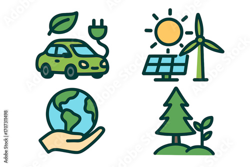 Eco-friendly icons. Green energy, nature conservation vector set. Sustainable environment symbols. Renewable power, electric car, save earth, ecology illustration collection.