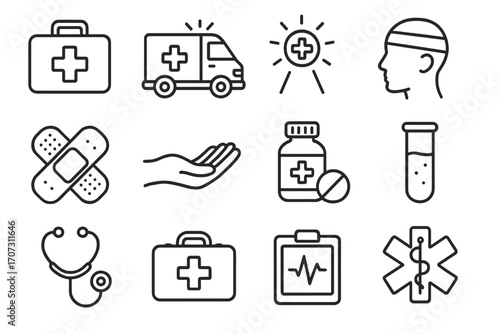 Medical icon set for emergency and first aid. Simple line art. Vector graphic for hospital, doctor, health care concepts. Ambulance, plaster, pills, stethoscope symbol.
