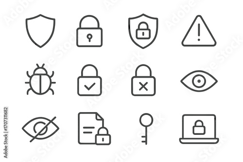 Cybersecurity and data privacy vector icon collection. Minimalist line art symbols for internet safety. Includes lock, shield, key, virus bug, warning, and confidential file.