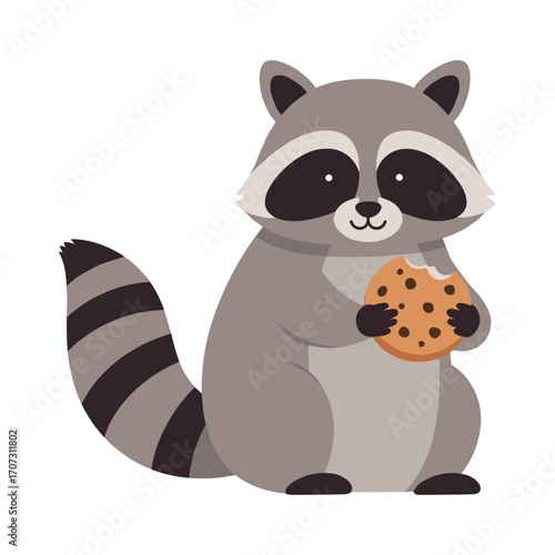Cute raccoon holding cookie: adorable animal eating snack – flat illustration