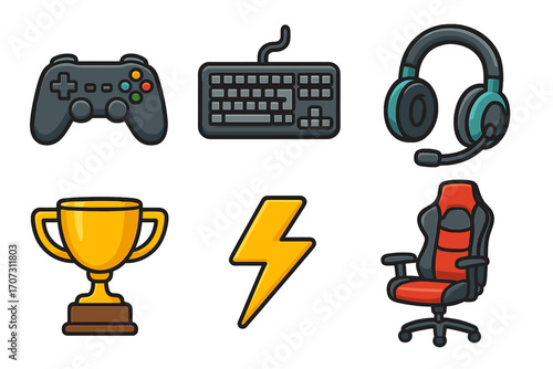 Gaming icon set of gamer equipment. Vector cartoon collection of controller, keyboard, headset, trophy, lightning bolt, chair. Esports and streaming symbols for video games.