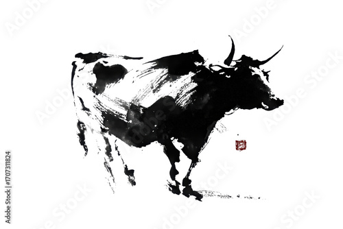 Black And White Ink Painting Of A Bull On A Transparent Background
