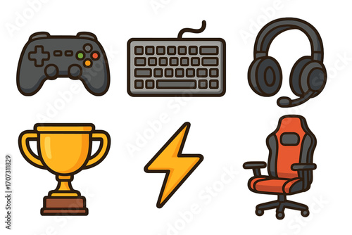 Gaming and e-sports icon set. Vector cartoon collection of gamer equipment. Gamepad controller, keyboard, headset, winner trophy, lightning power, and professional gamer chair.