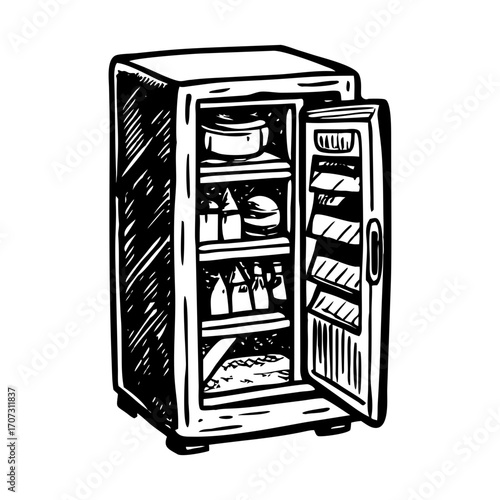 A vintage style illustration showing refrigerator