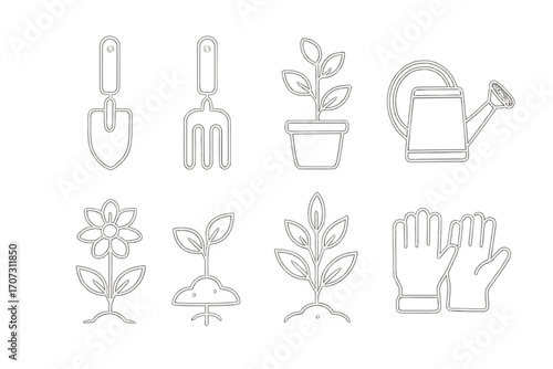 Gardening icon set in minimalist outline style. Garden tools and plants vector collection. Trowel, fork, gloves, watering can, sprout, flower, potted plant symbols for web and print.