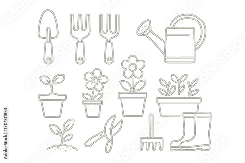 Gardening tools and plants icon set. Minimalist linear style vector illustration. Garden equipment collection with watering can, trowel, rake, boots, and potted flowers.