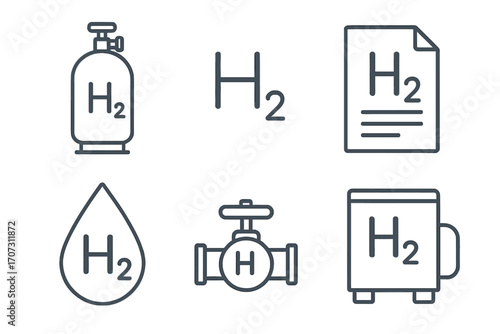 Hydrogen energy icon set. H2 gas production, storage, transport symbols. Green alternative fuel, clean power technology concepts. Tank, valve, generator, drop line pictograms.