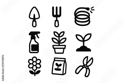 Garden tools and plant icon set. Vector illustration for spring gardening. Minimalist outline icons. Trowel, fork, hose, sprayer, shears, seedling, flower, seeds. Farming.