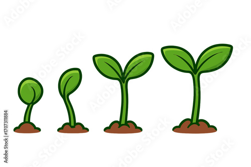 Plant growth stages vector illustration. Green seedling sprouting from seed in soil. Sequence of plant development, new life concept. Business progress, evolution metaphor.