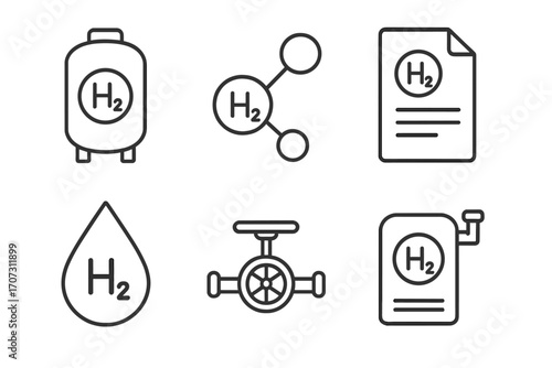Hydrogen energy icon set. H2 fuel technology symbols. Vector line art illustration of tank, molecule, document, drop, valve, and generator. Green power concept.