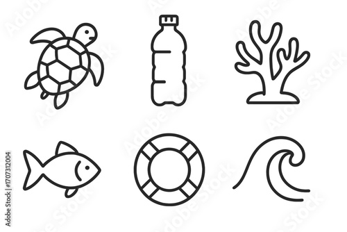 Ocean conservation line icons. Marine pollution symbols with turtle, plastic bottle, coral, fish, lifebuoy, and wave. Sea life protection and environmental concept vector set.