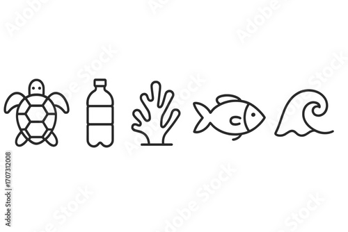 Linear icons for ocean conservation concept. Sea life protection from plastic pollution. Set with turtle, fish, coral, wave, and bottle. Environmental vector graphic.