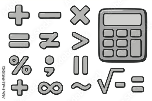 Mathematical symbols and calculator icon set. Grayscale cartoon vector illustration. Glossy math signs for education, finance, and web design on a transparent background.