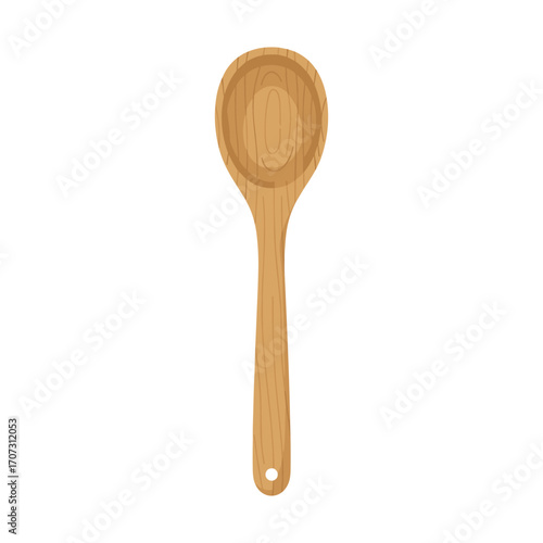Wooden spoon on white background with natural wood grain texture – flat illustration
