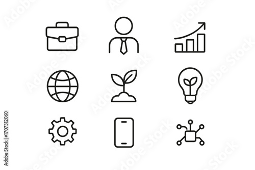 Line icon set for business, technology, and environment. Thin outline icons for web and mobile. Vector symbols for growth, green idea, global strategy, and innovation.