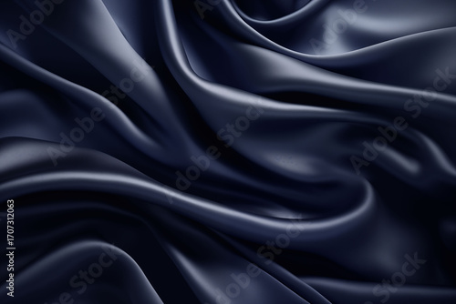 Midnight navy blue satin fabric with luxurious folds, background