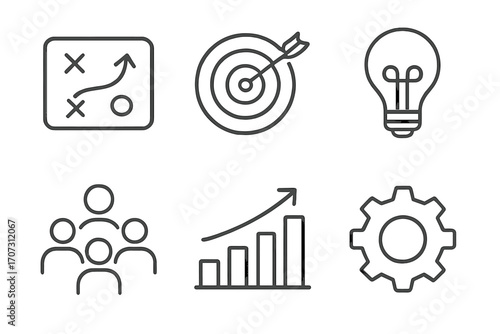 Business strategy and development icon set. Minimal line icons for goals, innovation, teamwork, growth, and process management. Vector illustration for corporate success.