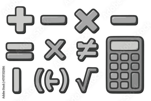 Mathematical symbols and calculator icon set in grayscale. Vector cartoon illustration for education, school, and finance. Includes plus, minus, multiply, equals, root signs.