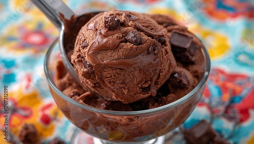 Scoop of Chocolate Ice Cream with Brownie Chunks and Fudge Swirl, similar to Ben & Jerry's Flavor