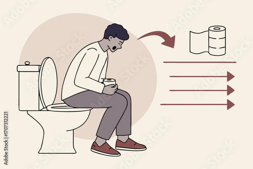 Man sitting on toilet holding stomach with diarrhea health concept