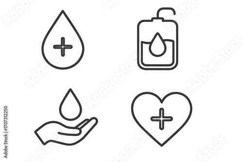 Blood donation icon set with medical and health care symbols. Minimalist line art for charity, humanity, and volunteering concepts. World Blood Donor Day. Transfusion.