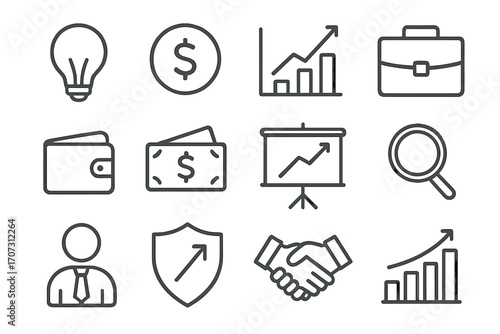 Set of business and finance line icons. Minimalist vector symbols for success, growth, money and investment. Pictograms for presentation, analysis, strategy and partnership.