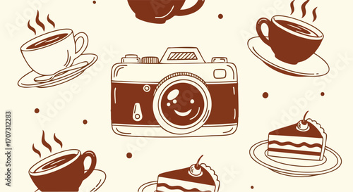 Coffee Cups Dessert and Camera Perfect for Cafe Photography and Social Media
