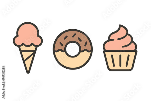 Dessert icon collection. Vector cartoon illustration of ice cream, donut, and cupcake. Minimalist sweet food set for bakery or cafe design. Simple line art pastry symbols.