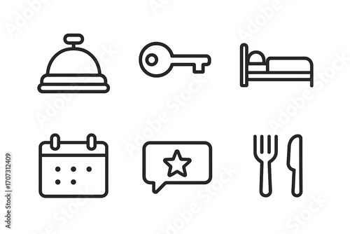 Hotel service icons set in thin line art style. Vector symbols for travel, booking and accommodation. Reception bell, room key, bed, calendar, dining and review for hospitality.