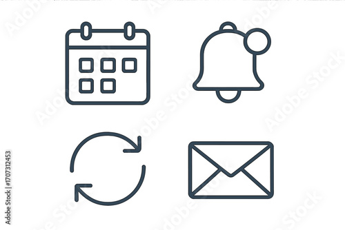 Minimalist icon set with calendar, notification bell, sync, and email symbols. Vector line art illustration for web and mobile app UI/UX design. Business communication icons.