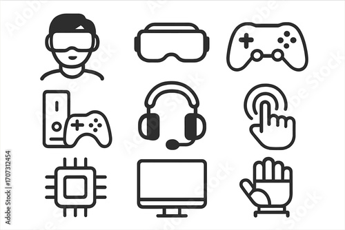 Gaming and VR line icon set. Gamer, virtual reality headset, controller, console. Metaverse, esports, entertainment, computer hardware and digital technology vector icons.