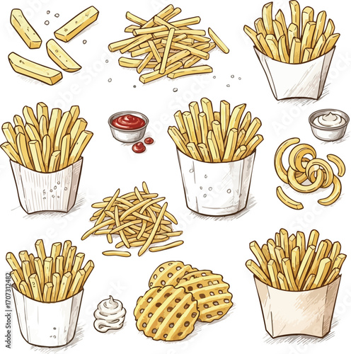 Various Styles of Delicious French Fries Hand Drawn Illustration for Food Branding