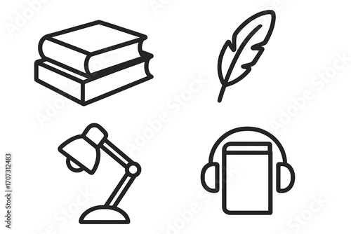 Minimalist library and reading icons set with books, feather pen, desk lamp, and audiobook device, vector cartoon illustration, transparent background, education and literature symbols