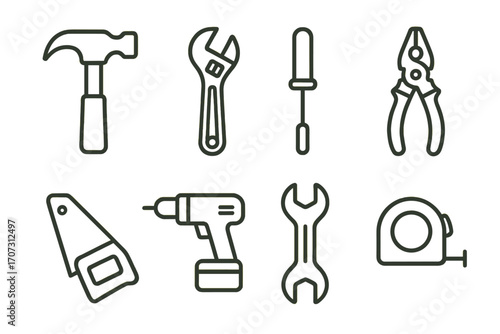 Minimalist line art icons of essential tools set including hammer, wrench, screwdriver, pliers, saw, electric drill, and tape measure for home, workshop, repair, and construction projects