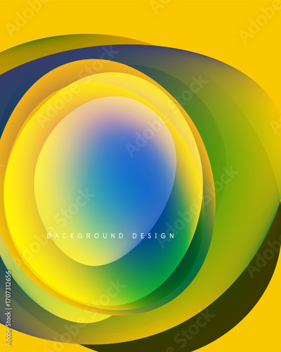 Abstract vibrant layers create circular design. Yellow, green, blue hues blend smoothly. Modern background element for projects.
