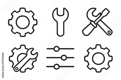 Minimalist linear gear and tools icons set, settings configurations symbols collection, wrench and screwdriver vector illustration, mechanical and repair concept design