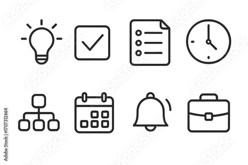 Minimalist linear icons for productivity and organization tasks, vector cartoon illustration, transparent background, ordered set, including light bulb, checklist, clock, calendar, bell, briefcase