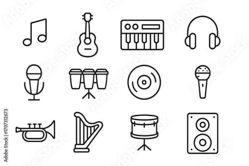 Minimalist music icons set with guitar, piano keyboard, headphones, microphone, drums, trumpet, harp, record, speaker, and percussion instruments in clean linear design for audio projects