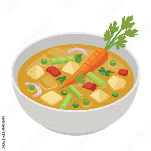 Delicious vegetable soup with carrot, tofu, peas, and potatoes in bowl – flat illustration