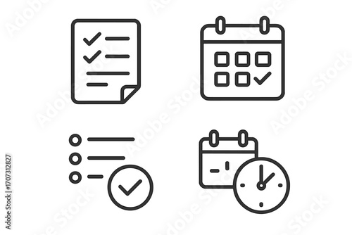 Minimalist outline icons for task management and scheduling, vector cartoon illustration with transparent background, checklist, calendar dates, to-do list with checkmarks, time planning elements