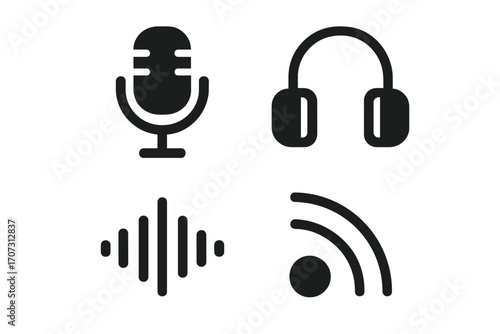 Minimalist podcast icons set with microphone, headphones, sound wave, RSS feed symbols, black vector cartoon illustration, audio technology, streaming, broadcasting concept