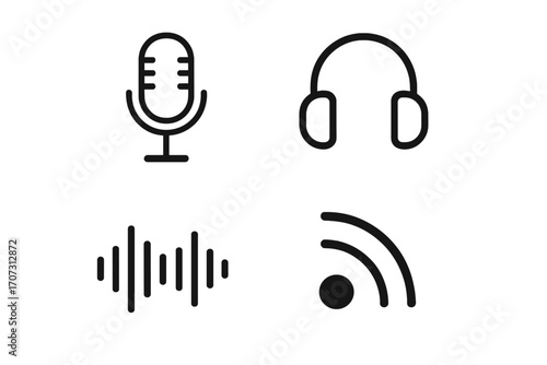 Minimalist podcast icons set with vintage microphone, headphones, sound wave, and RSS feed symbols, vector cartoon design with transparent background for audio and broadcasting