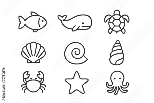Minimalist sea life icons set with marine animals and shells in outline style, vector cartoon illustration with transparent background, ordered collection of ocean creatures